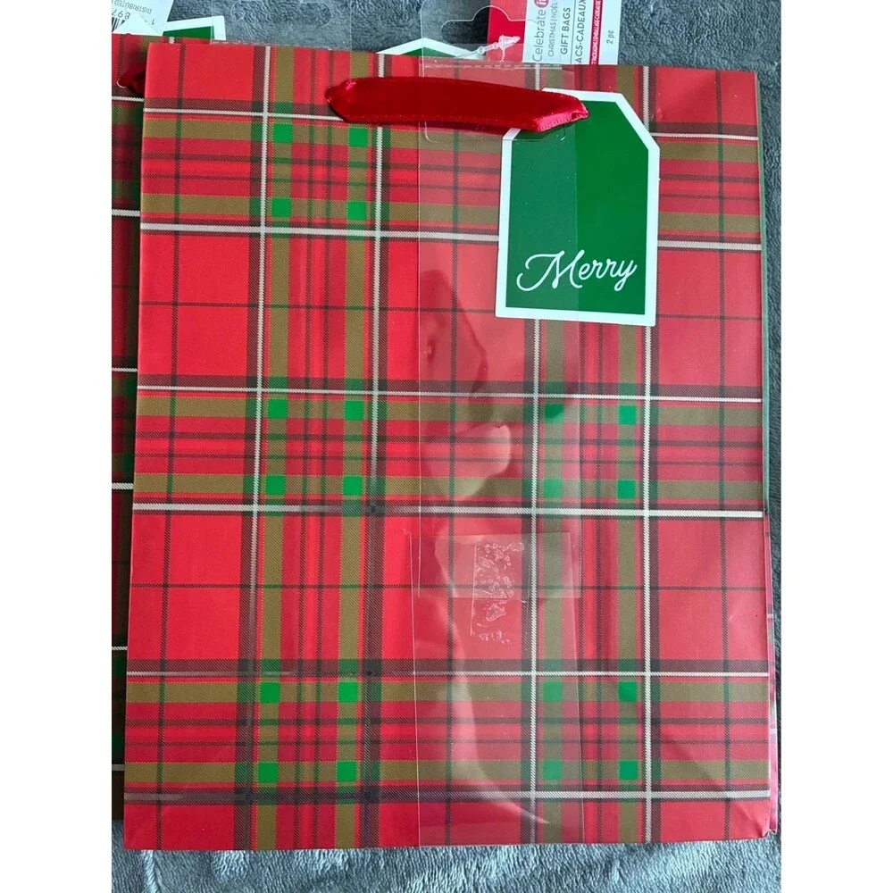 Set of 10 Christmas Gift Bags Santa Plaid Holiday Bags 9.5”